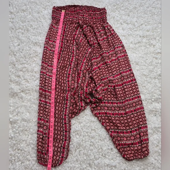 Boho Harem Pants Red Patterned One Size Smocked Waist Festival Yoga Lounge - Picture 3 of 4
